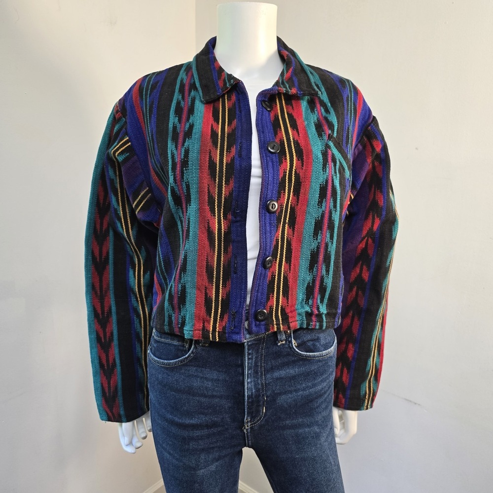 Vtg Quetzal 80s Guatemalan Bomber Jacket Size M Boho Southwestern Stripe Cropped